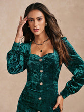 Almamuse 1pc Women Sweetheart Neck Long Sleeve Elegant Fitted Slim Velvet Dress